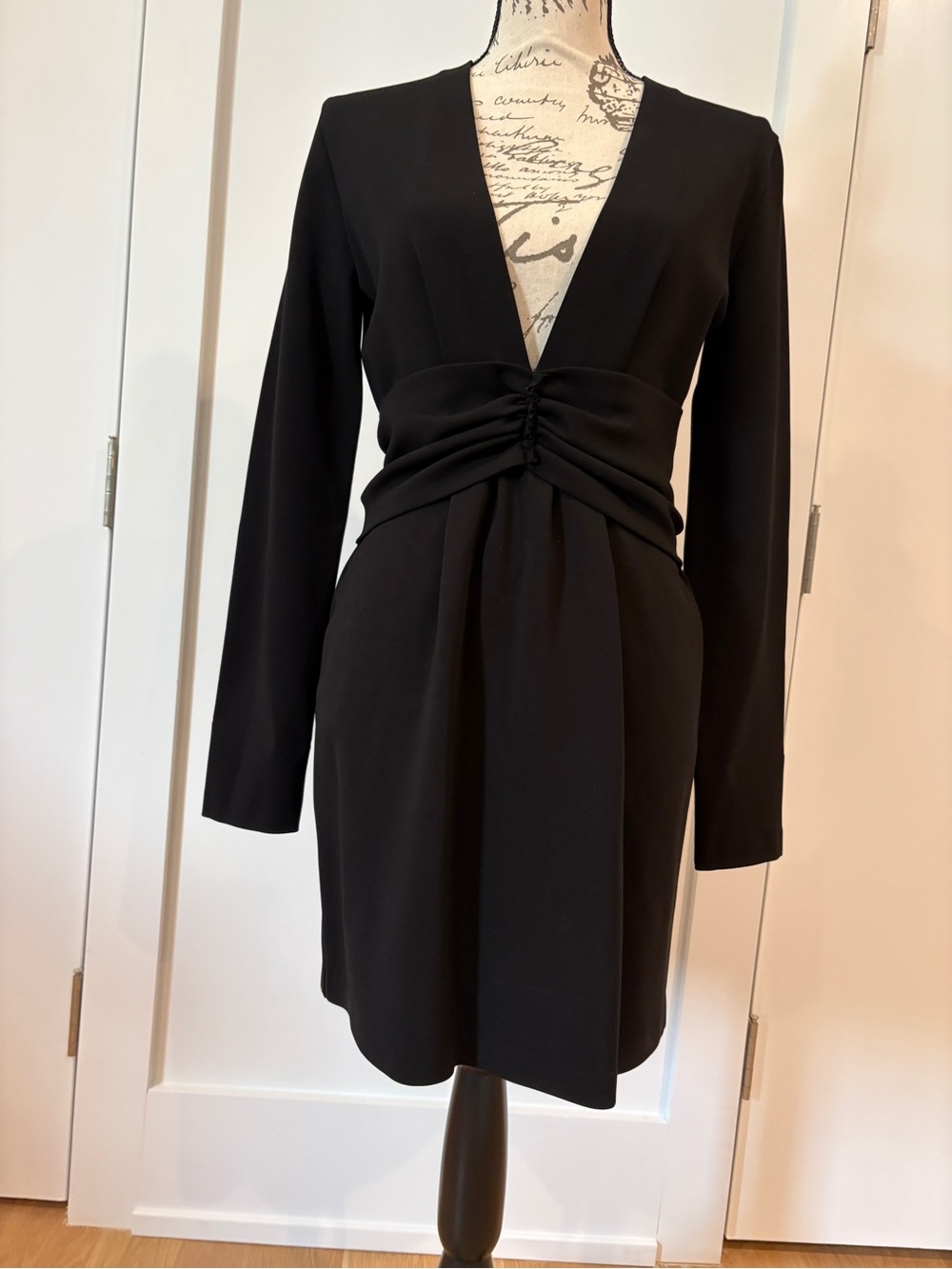 Vintage Prada Black Crepe Ruched-Waist Mini Dress — Size L — good condition